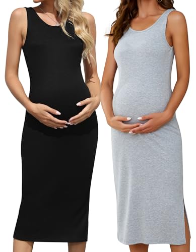 Brynmama 2er-Pack Umstandskleider Sommer Kleider Schwangerschaft ärmellos Seitengeteilte Unstandskleidung Langes Umstandsmode Kleid Schwarz, Grau, M von Brynmama