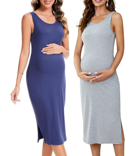Brynmama 2er-Pack Umstandskleider Sommer Kleider Schwangerschaft ärmellos Seitengeteilte Unstandskleidung Langes Umstandsmode Kleid Grau, Blau, X-L von Brynmama