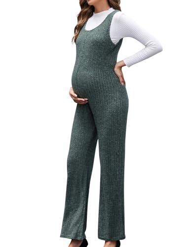 Brynmama Damen Umstands Jumpsuit ärmellose Gerippt Gestrickt Umstandsmode Overall Gemütlich Schwangerschafts Latzhose weites Bein Lange Hose für Herbst Winter Armee Grün, S von Brynmama