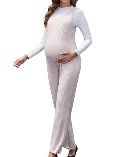 Brynmama Damen Umstands Jumpsuit ärmellose Gerippt Gestrickt Umstandsmode Overall Gemütlich Schwangerschafts Latzhose weites Bein Lange Hose für Herbst Winter Aprikose, S von Brynmama