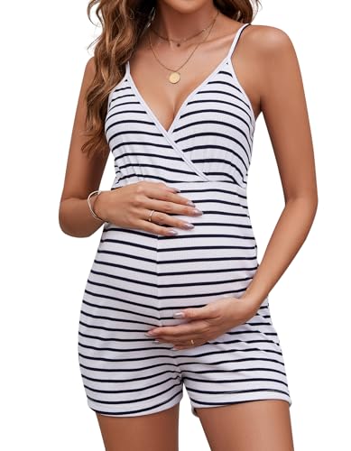 Brynmama Sommer Gestreifter Umstands Jumpsuit Lässiger Rippstrick V-Ausschnitt Umstandsmode für Frauen Schwangerschaft Overall mit Spaghettiträgern Marine Streifen, X-L von Brynmama