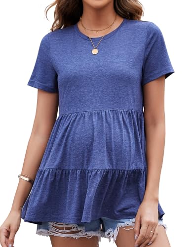 Brynmama Kurzarm Umstandsshirt Fließende Schicht Umstandsmode T-Shirt mit Rüschen Freizeit Basic t Shirt Schwangerschaft Damen Dunkelblau, S von Brynmama