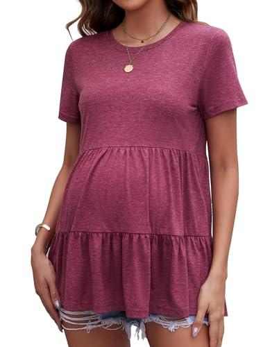 Brynmama Kurzarm Umstandsshirt Fließende Schicht Umstandsmode T-Shirt mit Rüschen Freizeit Basic t Shirt Schwangerschaft Damen Dunkelrot, XX-L von Brynmama