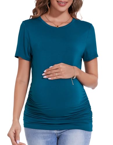 Brynmama Damen Umstandstop Umstandsmode Kurzarm Schwangerschaft Tops Geraffte Umstandsshirt Sommer Umstands T-Shirt von Brynmama
