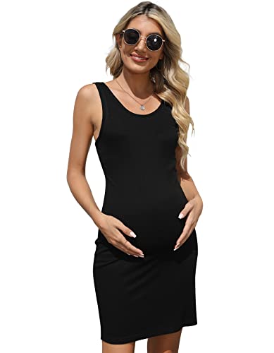 Brynmama Figurbetont Schwangerschaftsrock aus Baumwolle Sommer Freizeit Tankkleid Ärmellos Hochstretch Mini Kleid für Schwangere, Schwarz, M von Brynmama