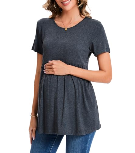 Brynmama Süße Umstandsmode Sommer Kurzarm Umstandsbluse Lässige Bequeme Schwangerschafts Tshirt mit Rüschensaum für die Arbeit Grey, L von Brynmama