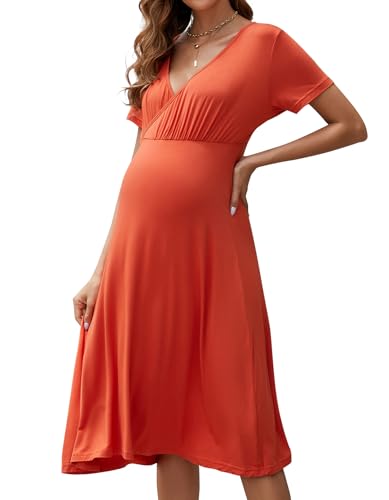 Brynmama Umstandskleid für Damen Umstandsmode Kurzarm V-Ausschnitt A-Linie Midi-Kleid Schwangerschaftskleidung Stillkleider von Brynmama