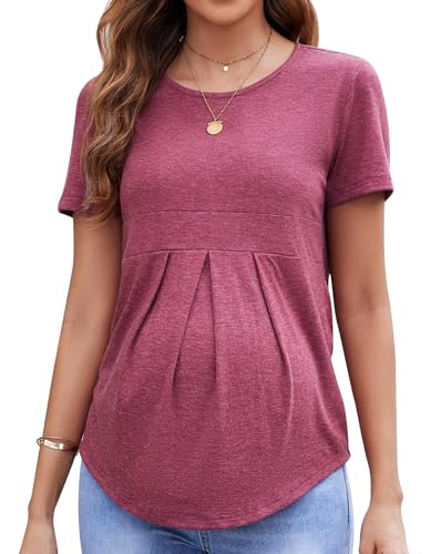 Brynmama Umstandstop vorderer Falte Peplum Tunika Kurzarm Rundhalsausschnitt Schwangerschafts Top Umstandsshirt von Brynmama
