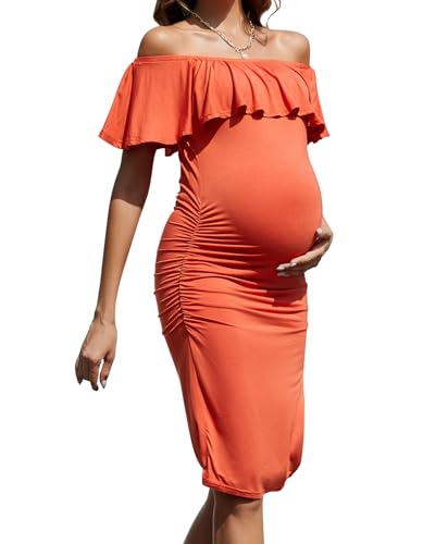 Brynmama Women's Maternity Dress Off Shoulder Pregnancy Clothes Orange von Brynmama