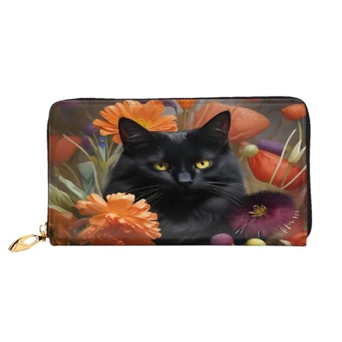 Bryptxztxt Schwarze Katze und Blume Damen Lange Geldbörse - Große Kapazität PU Leder Geldbörse mit Kartenhalter Etui Kredit Münzen Geldbörsen & Reißverschluss Clutch Geldbörsen für Damen & Mädchen, von Bryptxztxt