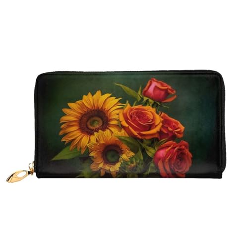 Bryptxztxt Sunflower and Rose Damen Lange Geldbörse - Große Kapazität PU Leder Geldbörse mit Kartenhalter Etui Kredit Münzen Geldbörsen & Reißverschluss Clutch Geldbörsen für Damen & Mädchen, Größe von Bryptxztxt