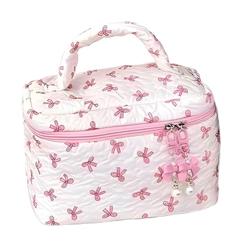 Gesteppte Make-up-Tasche, ästhetische, niedliche Schleife, Kosmetik-Halter, großer Fassungsvermögen, wiederverwendbarer Reise-Organizer für Toilettenartikel und Schönheit (22,5 x 15 x 15 cm), rose von Bsbkoj