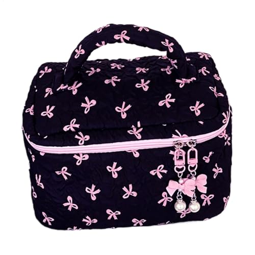 Gesteppte Make-up-Tasche, ästhetische, niedliche Schleife, Kosmetik-Halter, großer Fassungsvermögen, wiederverwendbarer Reise-Organizer für Toilettenartikel und Schönheit (22,5 x 15 x 15 cm), Schwarz von Bsbkoj
