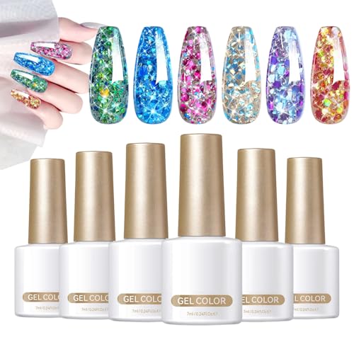 Glitter Gel Nail Polish Set, 6X Shiny Gel Colors with Sequins, 7ml, Long-Lasting Chip-Resistant Formula, Quick-Curing UV LED Soak-Off, Vibrant Nail Arts Kit for Salon Glitter Gel Nail Polish Set, 6X Shiny Gel Colors with Sequins, 7ml, Long-Lasting Chip-Resistant Formula, Quick-Curing UV LED Soak-Off, Vibrant Nail Arts Kit for Salon von Bsbkoj