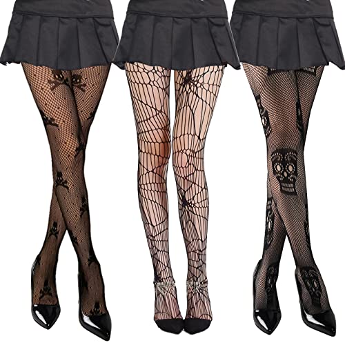 3 Paar Netzstrumpfhose Schwarz Halloween, Netz Strumpfhose Totenkopf Spinnen, Spinnennetz Strumpfhose, Skelett Strumpfhose Damen, Halloween Kostüm Accessoires Tag Der Toten Festival Karneval Strümpfe von Bseical