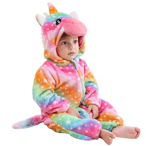 Baby Overall Winter,Kinder Tier Pyjamas Mit Kapuze,Baby Onesie,Flanell Strampler Unisex Baby,Karikatur Tier Jumpsuit,Dinosaurier Giraffe Bär Süß Strampler,Karneval Cosplay Kostüm (100cm, Regenbogen) von Bseical