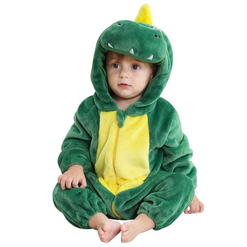 Baby Overall Winter,Kinder Tier Pyjamas Mit Kapuze,Baby Onesie,Flanell Strampler Unisex Baby,Karikatur Tier Jumpsuit,Dinosaurier Giraffe Bär Süß Strampler,Karneval Cosplay Kostüm (110cm, Grün) von Bseical