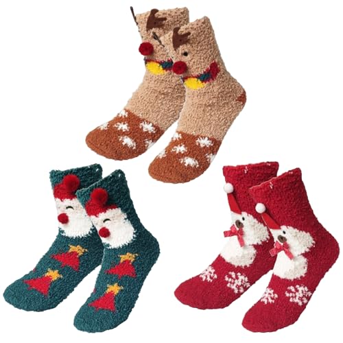 Bseical 3 Paar Weihnachtssocken Für Frauen,Kuschelsocken Damen Weihnachtssocken,Flauschige Wintersocken,Weihnachtsstrumpf Personalisiert,Flauschig Warm Socken Wintersocken,Weihnachten Geschenk (A) von Bseical