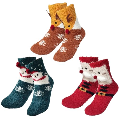 Bseical 3 Paar Weihnachtssocken Für Frauen,Kuschelsocken Damen Weihnachtssocken,Flauschige Wintersocken,Weihnachtsstrumpf Personalisiert,Flauschig Warm Socken Wintersocken,Weihnachten Geschenk (B) von Bseical