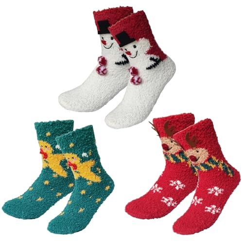 Bseical 3 Paar Weihnachtssocken Für Frauen,Kuschelsocken Damen Weihnachtssocken,Flauschige Wintersocken,Weihnachtsstrumpf Personalisiert,Flauschig Warm Socken Wintersocken,Weihnachten Geschenk (C) von Bseical