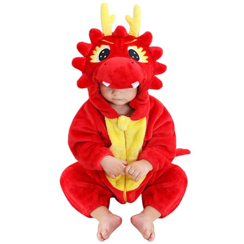 Bseical Baby Overall Winter,Kinder Tier Pyjamas Mit Kapuze,Baby Onesie,Flanell Strampler Unisex Baby,Karikatur Tier Jumpsuit,Dinosaurier Giraffe Bär Süß Strampler,Karneval Cosplay Kostüm (110cm, Rot) von Bseical