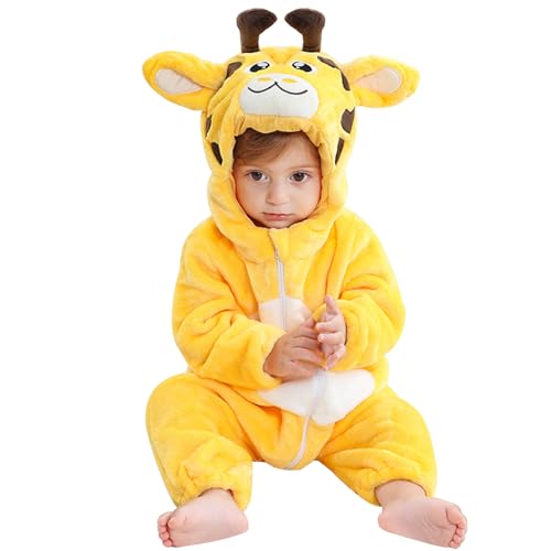 Bseical Baby Overall Winter,Kinder Tier Pyjamas Mit Kapuze,Baby Onesie,Flanell Strampler Unisex Baby,Karikatur Tier Jumpsuit,Dinosaurier Giraffe Bär Süß Strampler,Karneval Cosplay Kostüm (70cm, Gelb) von Bseical