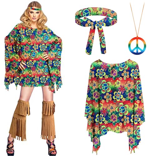 Bseical Hippie Kostüm Damen Set, Karneval Kostüm Damen Hippie, Disco Outfit 70er Jahre Hippie Accessoires Kleidung Poncho, Stirnband, Halskette Friedenszeichen Party Fasching Zubehörset von Bseical