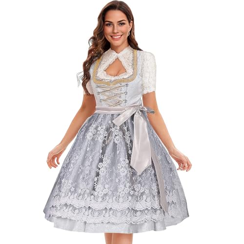 Dirndl Damen Midi Elegante Lila, Dirndl Bluse Damen mit Bluse Spitze & Dirndl & Schürze Set 3 Teilig, Trachtenrock Knielang Lang, Karneval Oktoberfest Outfit Hochgeschlossen Trachtenkleid Edles (36) von Bseical