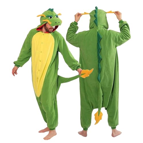 Onesie Kostüm Dino Erwachsene, Dinosaurier Kostüm Grün, Onesie Schlafanzug Männer Frauen, Karneval Kostüm Herren und Damen Tier, Drachen Jumpsuit Kuschelig Lustig Faschingskostüme Krokodil Set (L) von Bseical