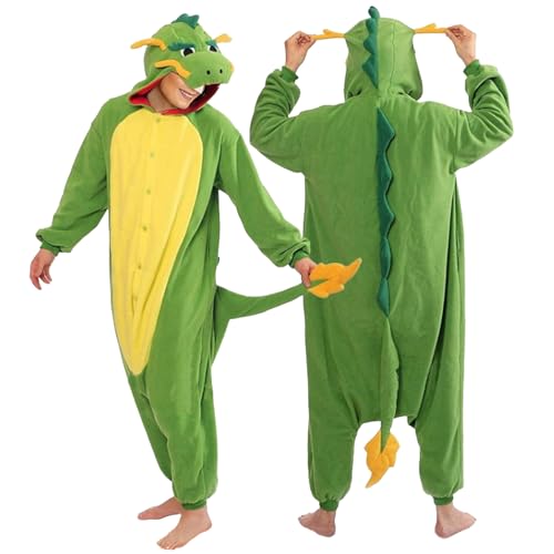 Onesie Kostüm Dino Erwachsene, Dinosaurier Kostüm Grün, Onesie Schlafanzug Männer Frauen, Karneval Kostüm Herren und Damen Tier, Drachen Jumpsuit Kuschelig Lustig Faschingskostüme Krokodil Set (M) von Bseical