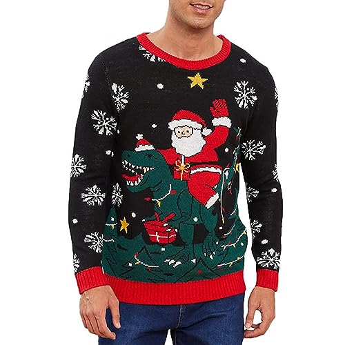 Weihnachtspullover Herren Lustig Hässliche, Ugly Christmas Sweater, Xmas Strick Pullover Dino Weihnachtsmann Sweatshirt Lange Ärmel (DE/NL/SE/PL, Alphanumerisch, L, Regular, Regular, Schwarz) von Bseical
