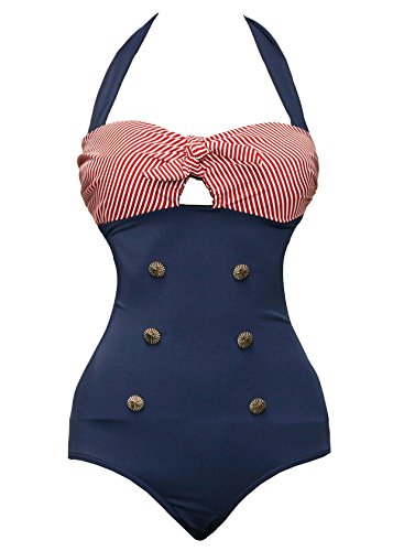 Bslingerie® Sexy Damen Retro Bademode Übergröße Halfter einteiliger Badeanzüge Monokini (XXL, Rot-Blau) von Bslingerie