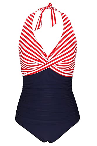 Bslingerie® Damen Basic Bademode Übergröße Halfter einteiliger Badeanzüge Monokini (XXL, Rot gestreift) von Bslingerie