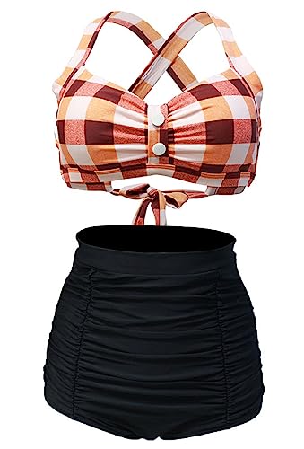 Bslingerie® Damen-Bikini, Neckholder, hohe Taille, 2-teiliges Set, Rot kariert, M von Bslingerie