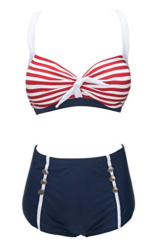 Bslingerie® Damen Retro Vintage Push Up High Waist Bikini Badeanzug Plus Size, Streifen - Rot, L von Bslingerie