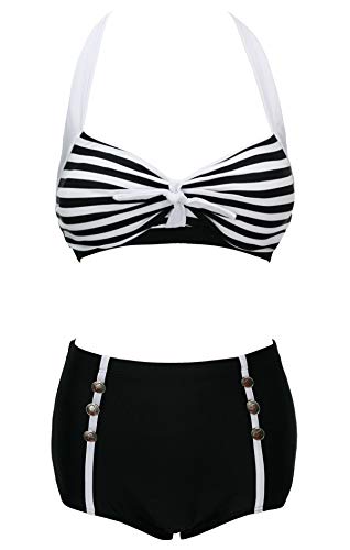 Bslingerie® Damen-Bikini, Retro, Vintage, Push-Up, hohe Taille, Übergröße, Streifen – Schwarz, L von Bslingerie