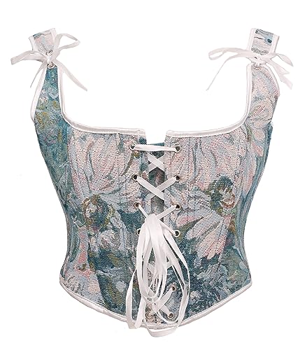 Bslingerie® Damen Retro Vintage viktorianischer Tier-Katzen-Print Bustier Renaissance Crop Top Tank Top Korsett, Blaue Chrysantheme, 36 von Bslingerie