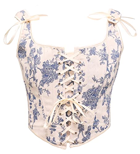 Bslingerie® Damen Retro Vintage viktorianischer Tier-Katzen-Print Bustier Renaissance Crop Top Tank Top Korsett, blau, blumenmuster, 32 von Bslingerie