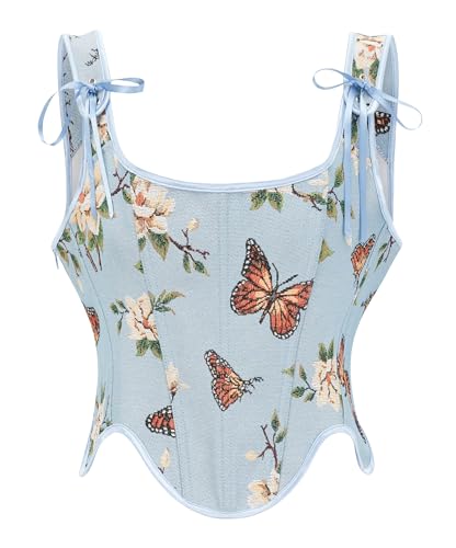 Bslingerie® Frauen Gothic Vintage viktorianischen Schmetterling Print Renaissance Saum Korsett Top, blau mit schmetterlingen, 46 von Bslingerie