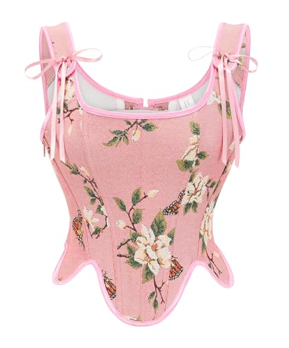 Bslingerie® Frauen Gothic Vintage viktorianischen Schmetterling Print Renaissance Saum Korsett Top, rosa Schmetterling (Pink Butterfly), 42 von Bslingerie