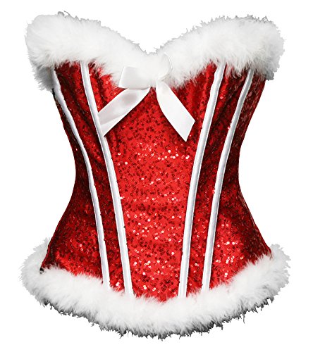 Bslingerie® Sexy Damen Weihnachten Samt Pelzig Overbust Korsett mit Strumpfhaltern (L, Weihnachts-Pailletten) von Bslingerie