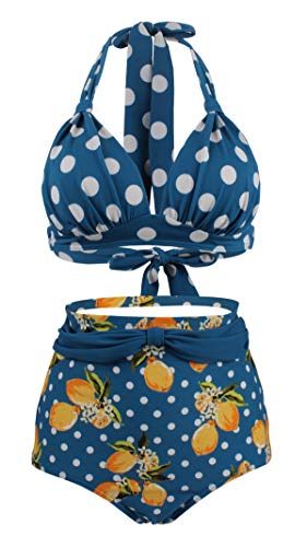 Bslingerie Damen Halfter Retro Badeanzug Hoch tailliert 2pcs Bikini Sets (Blaue Blumen, L) von Bslingerie