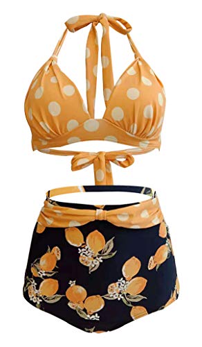 Bslingerie Damen Halfter Retro Badeanzug Hoch tailliert 2pcs Bikini Sets (Gelbe Blumen, XXL) von Bslingerie