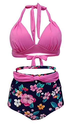 Bslingerie Damen Halfter Retro Badeanzug Hoch tailliert 2pcs Bikini Sets (Rosa Blumen, XL) von Bslingerie