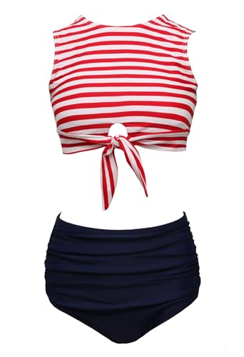 Bslingerie Damen-Tankini, Vintage-Stil, 1950er-Jahre-Stil, hohe Taille, Matrosenstreifen, 2-teiliges Badeanzug-Set, Rot (gestreift), L von Bslingerie