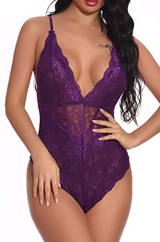Bslingerie Damen Unterwäsche Bodys Teddy Dessous Nachtwäsche Zwickel öffnen (Violett, S) von Bslingerie