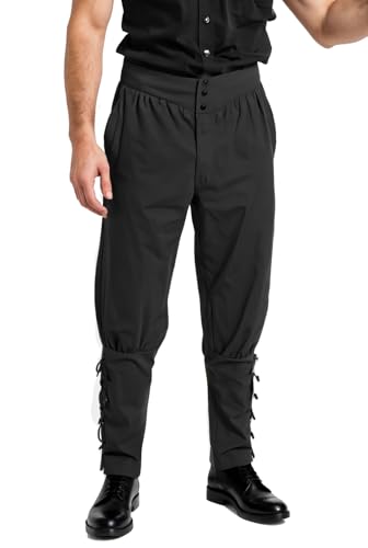 bslingerie Herren Mittelalterliche Piratenhose, Renaissance-Kostüm, Schnürhose, Freizeithose, Schwarz mit hoher Taille, Mittel von Bslingerie