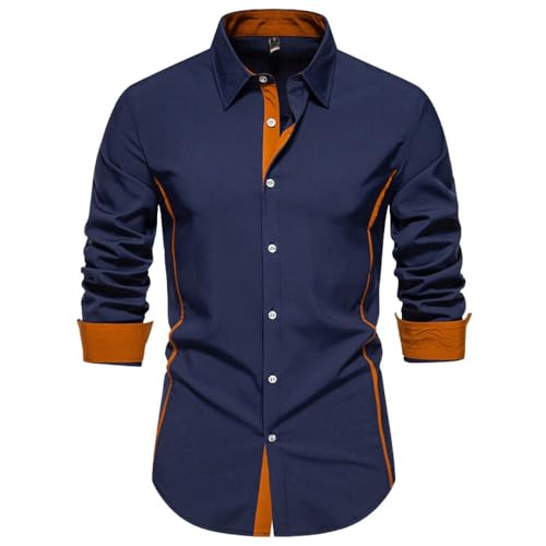 Bsrpolry Herrenhemden Button-Down-Shirts Solide Regular Business Hemden Herbst Freizeithemden Langarmshirts Orange Trim Hemden Herren Freizeithemden Regular Fit Herrenhemden, #A367, Marineblau, XXL von Bsrpolry