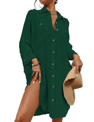 Bsubseach Badeanzug Cover Up für Bademode Button Down Shirt Kleid Frühling Sommer Herbst Outfits Frauen Trendy Peacock Grün von Bsubseach