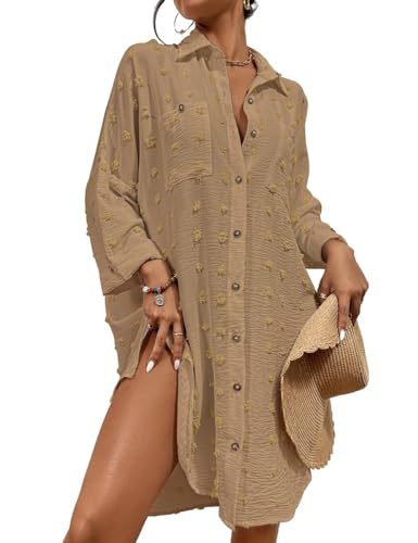 Bsubseach Badeanzug Cover Up für Bademode Frauen Frühling Sommer Button Down Shirt Kleid Herbst Mode Khaki von Bsubseach